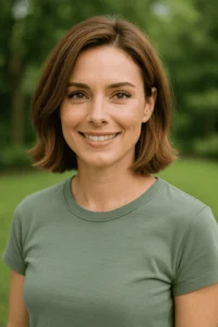 A smiling woman with short light brown hair wearing a green T-shirt, standing outdoors in a lush green garden.