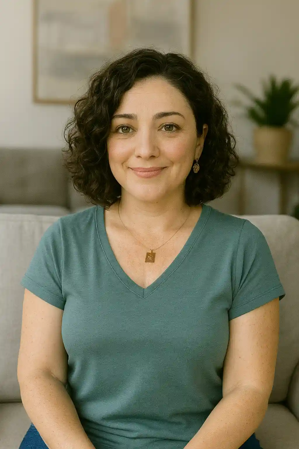A smiling woman with short curly dark hair standing in a bright, modern living room, wearing a stylish dark green blouse.